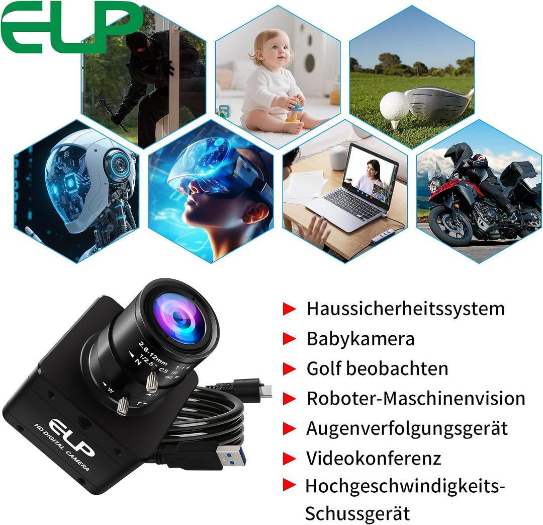 G ELP Hochgeschwindigkeit Global Shutter USB3.0 Manuelle Zoom Kamera, 720P/200fps, 1200P/120fps, USB