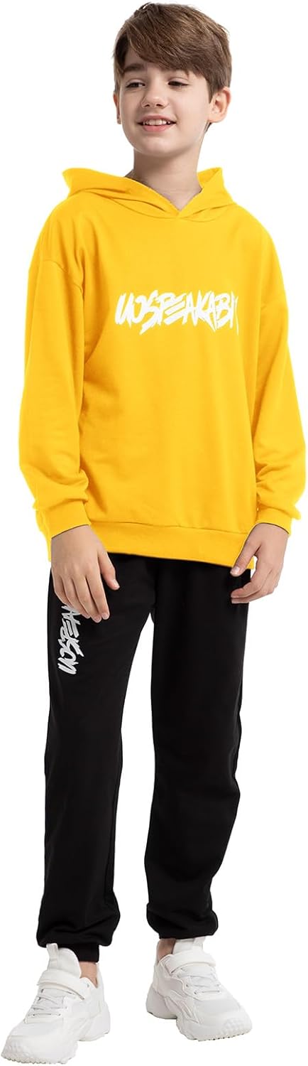 amropi Jungen Hoodie Trainingsanzug Sweatshirt Top und Jogging Hose Kleidungsset (Gelb, 13-14 Jahre)