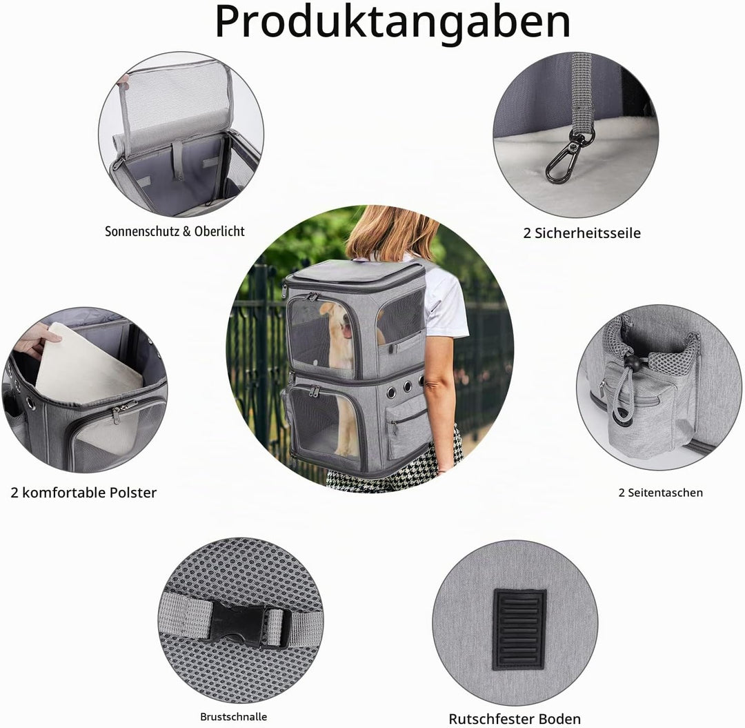 Rucksack für 2 Katzen, 2-in-1, abnehmbares Doppelfach, bis zu 12 kg, Transporttasche, faltbar und be