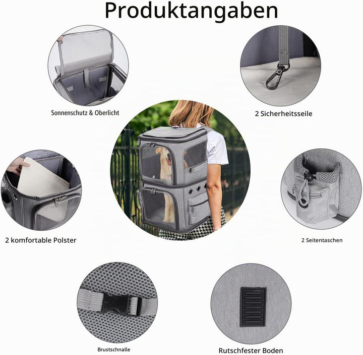 Rucksack für 2 Katzen, 2-in-1, abnehmbares Doppelfach, bis zu 12 kg, Transporttasche, faltbar und be