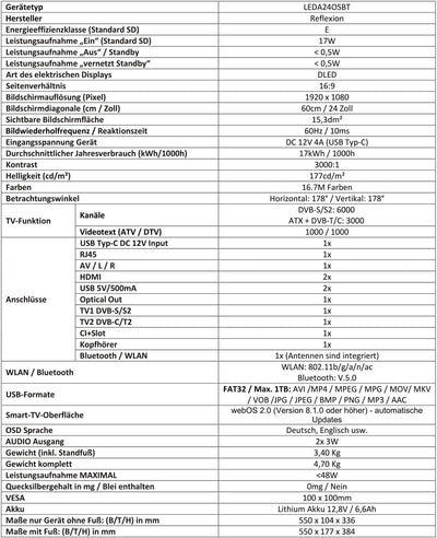 Reflexion LEDA24OSBT Smart LED Akku Fernseher powered by webOSHub, 60 cm/24 Zoll, Camping/Wohnmobil/