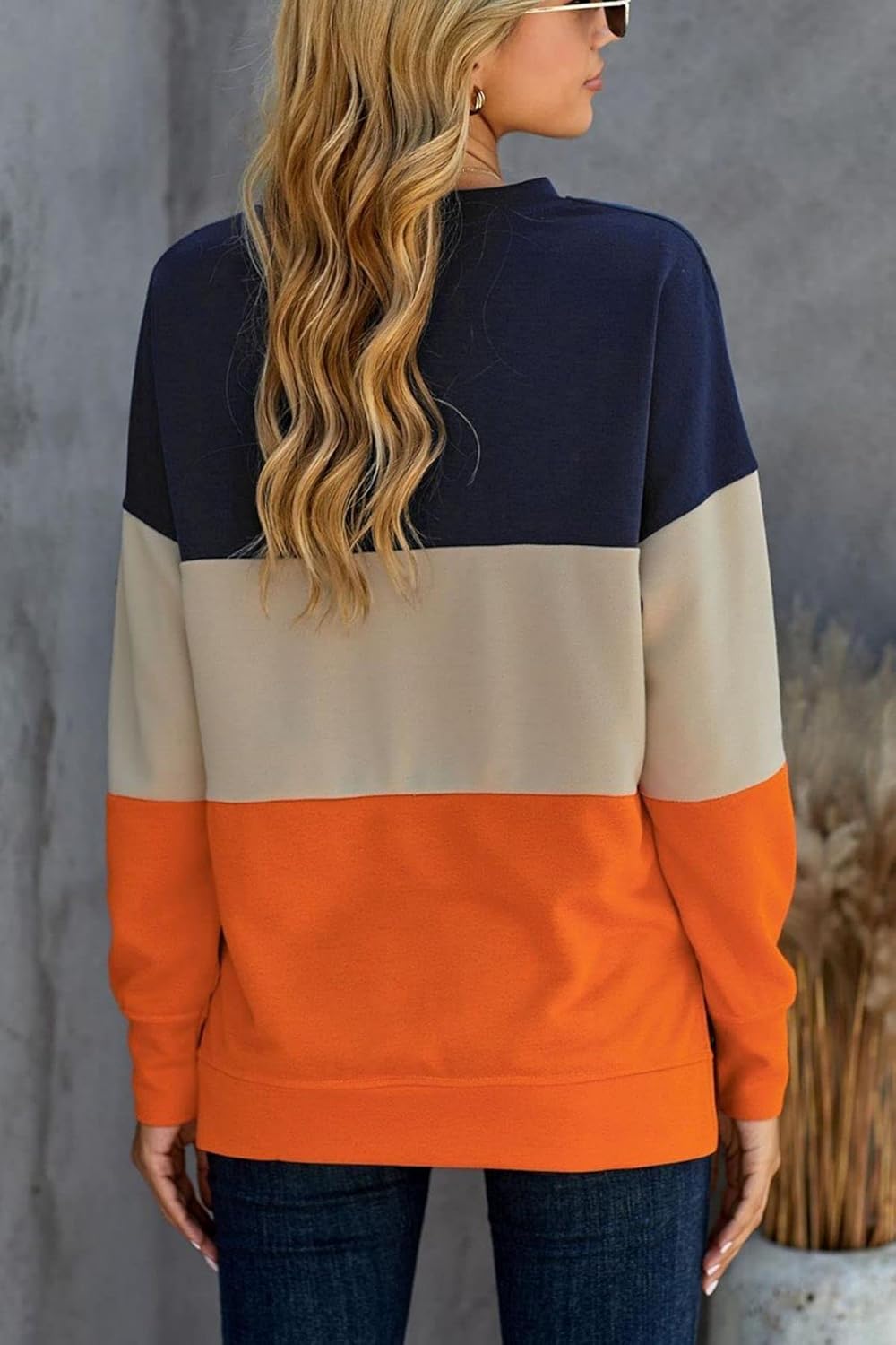 NEYOUQE Damen Pullover Langarmshirt Farbblock Rundhals Lässig Sweatshirt Damen 1a-orange S, 1a-orang