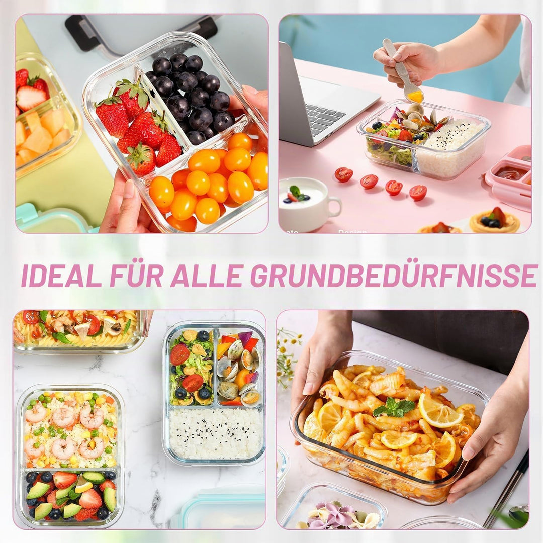 Meal Prep Boxen Glas 3 Fächer (3Stück, 1040ml) Meal Prep Boxen Glas mit Trenner Meal Prep Glas mit D