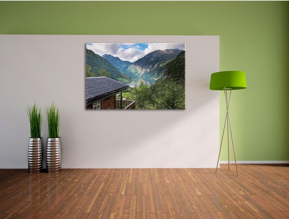Pixxprint Hütte in schöner Umgebung Kunst Buntstift Effekt, Format: 100x70 auf Leinwand, riesige Bil
