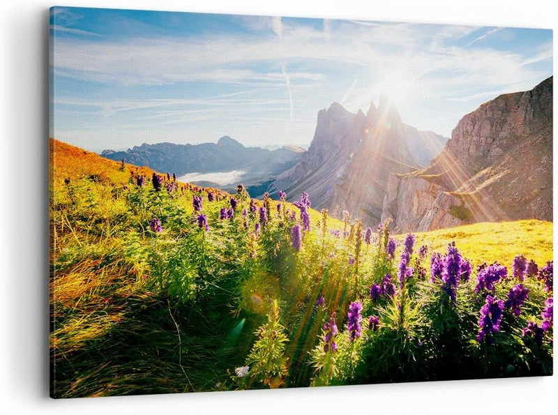 Bilder auf Leinwand 100x70cm Leinwandbild mit Rahmen Berge Wiese Blumen Gross Wanddeko Bild Schlafzi