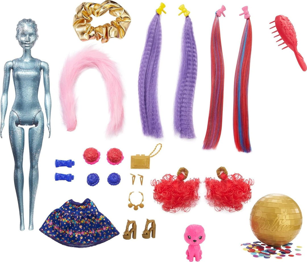Barbie HBG40 - Color Reveal Bows Haarwechsel Puppe, Glitzerblau Spielset mit 25 Überraschungen rund