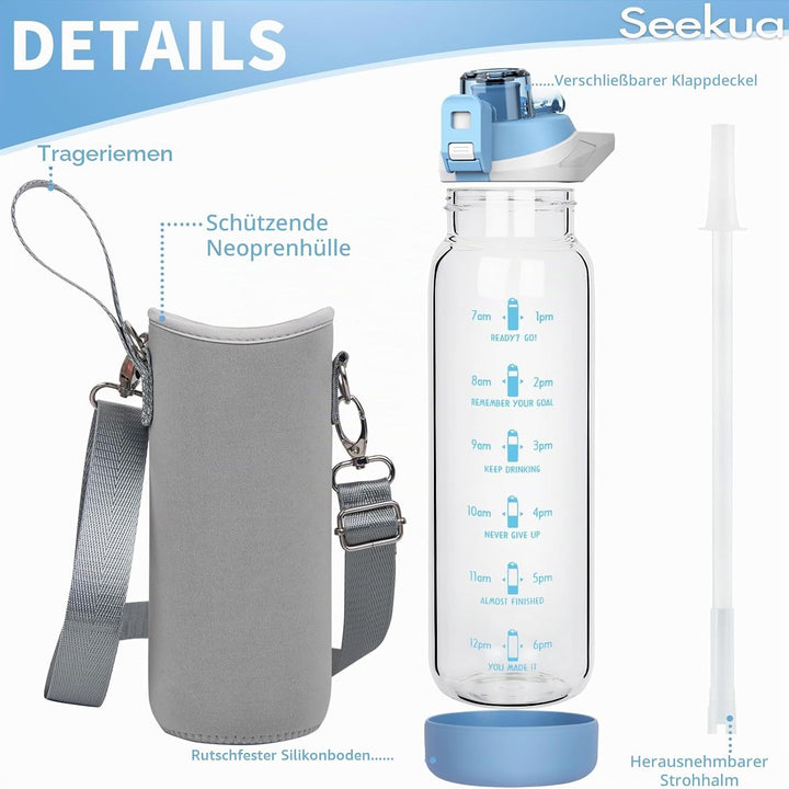 Seekua 0.8l Sport Trinkflasche Glas Flasche mit Strohhalm &amp; Zeitmarkierung 800ml auslaufsicher bpa f