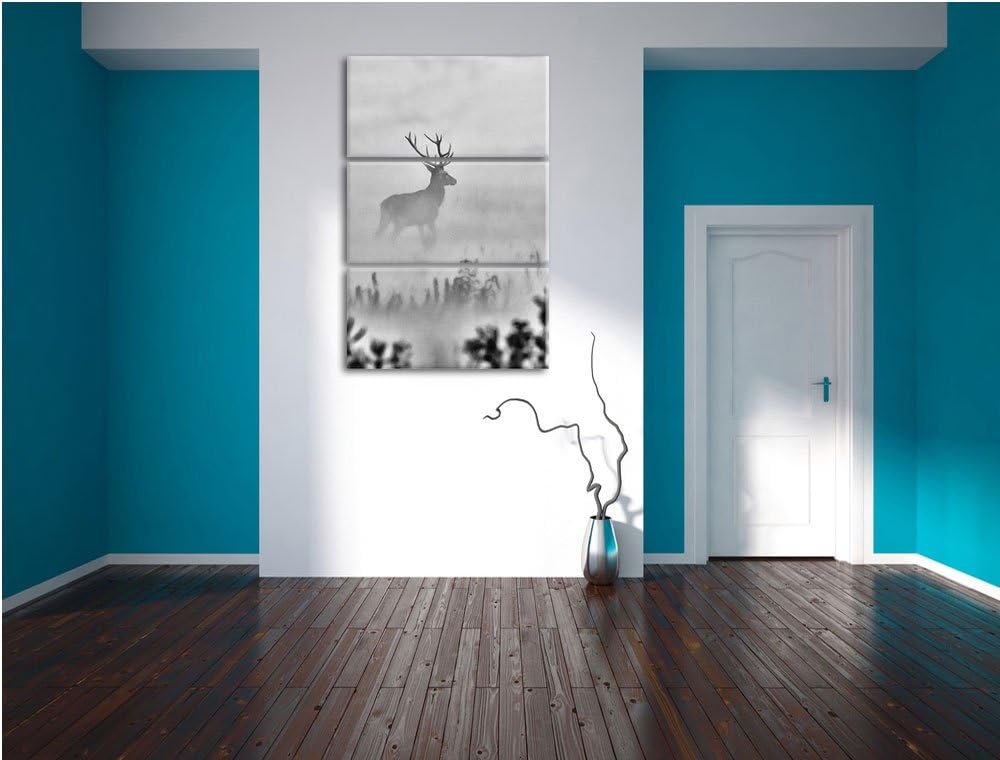 Pixxprint Hirsch im Nebel als Leinwandbild | Grösse: 3 Teilig (120x80) | Wandbild| Kunstdruck | fert