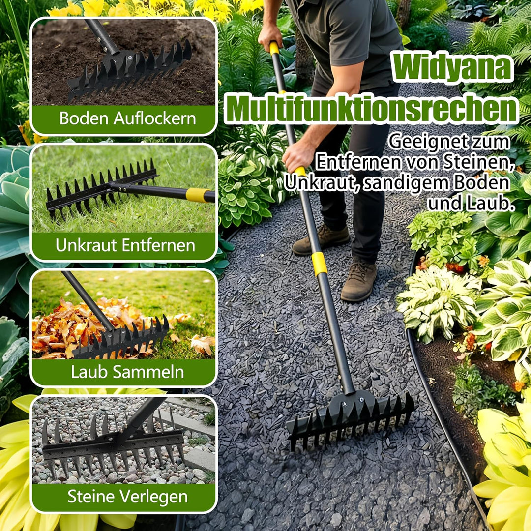 Rechen für den Garten mit Stiel – 190cm Doppelreihen-Harke aus Edelstahl, Rutschfester Griff. Als Ra