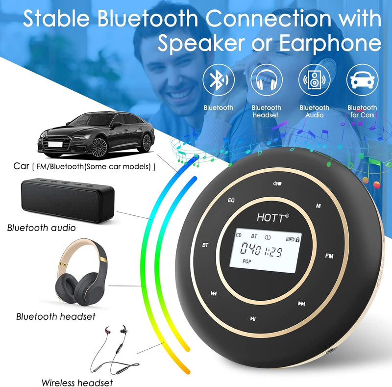 CCHKFEI Wiederaufladbarer tragbarer Bluetooth & FM CD Player für zu Hause, Reisen und im Auto mit St