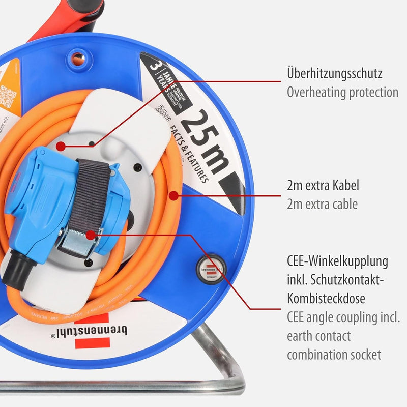 Brennenstuhl Camping-Kabeltrommel / CEE 230V Kabeltrommel 25m (H07RN-F 3G2,5 in orange, CEE-Winkelku
