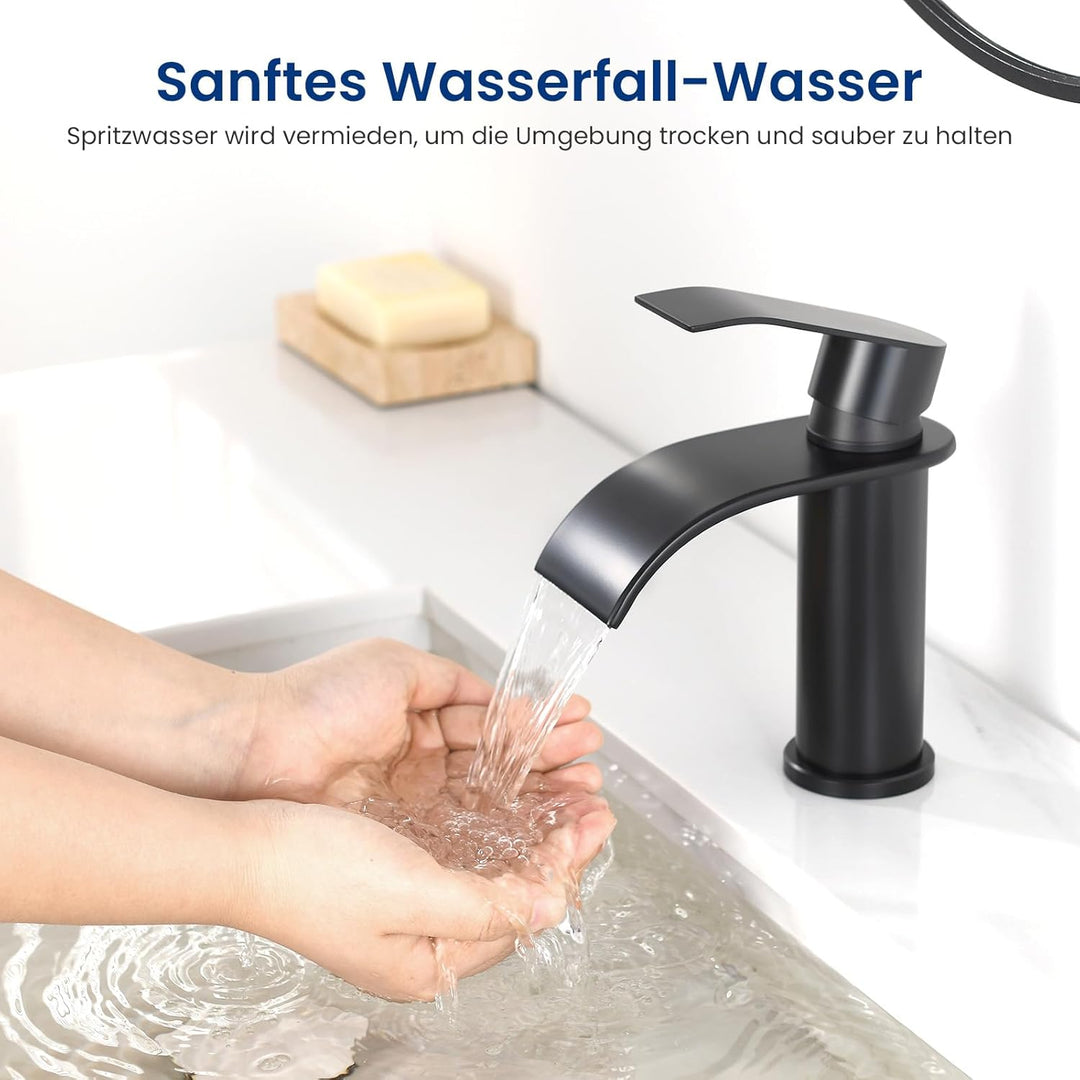 CECIPA Wasserhahn Bad Schwarz, Wasserfall Waschtischarmatur mit Auslauf Höhe 86 MM, Edelstahl Einhan