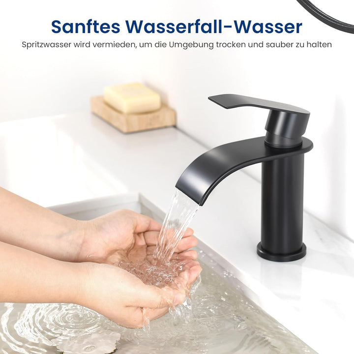 CECIPA Wasserhahn Bad Schwarz, Wasserfall Waschtischarmatur mit Auslauf Höhe 86 MM, Edelstahl Einhan