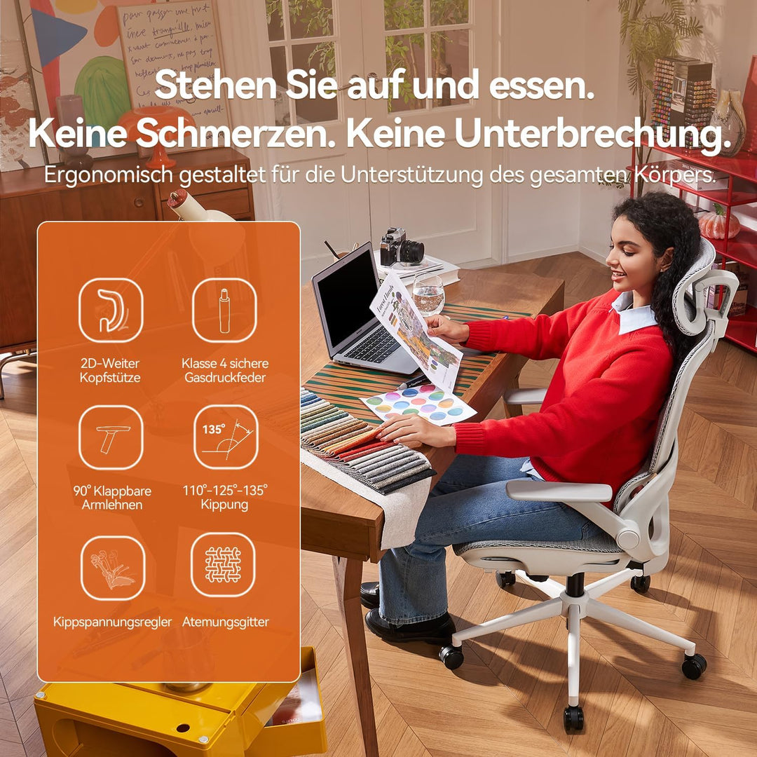 SIHOO Bürostuhl Ergonomisch,Verstellbarer Lordosenstütze Schreibtischstuhl Cremeweiss, Cremeweiss