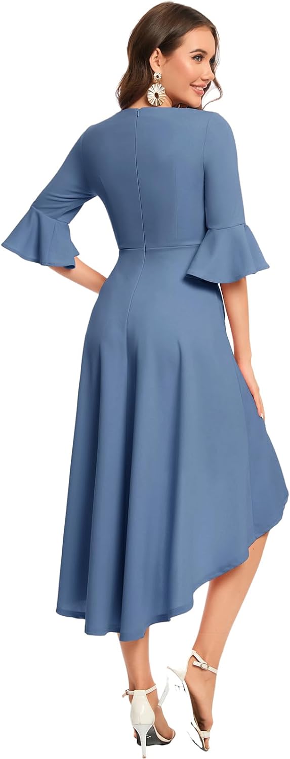 Gardenwed Festliches Kleid Damen 3/4 arm Flare Bell Sleeve Rundhals Kleider High-Low Cocktailkleider