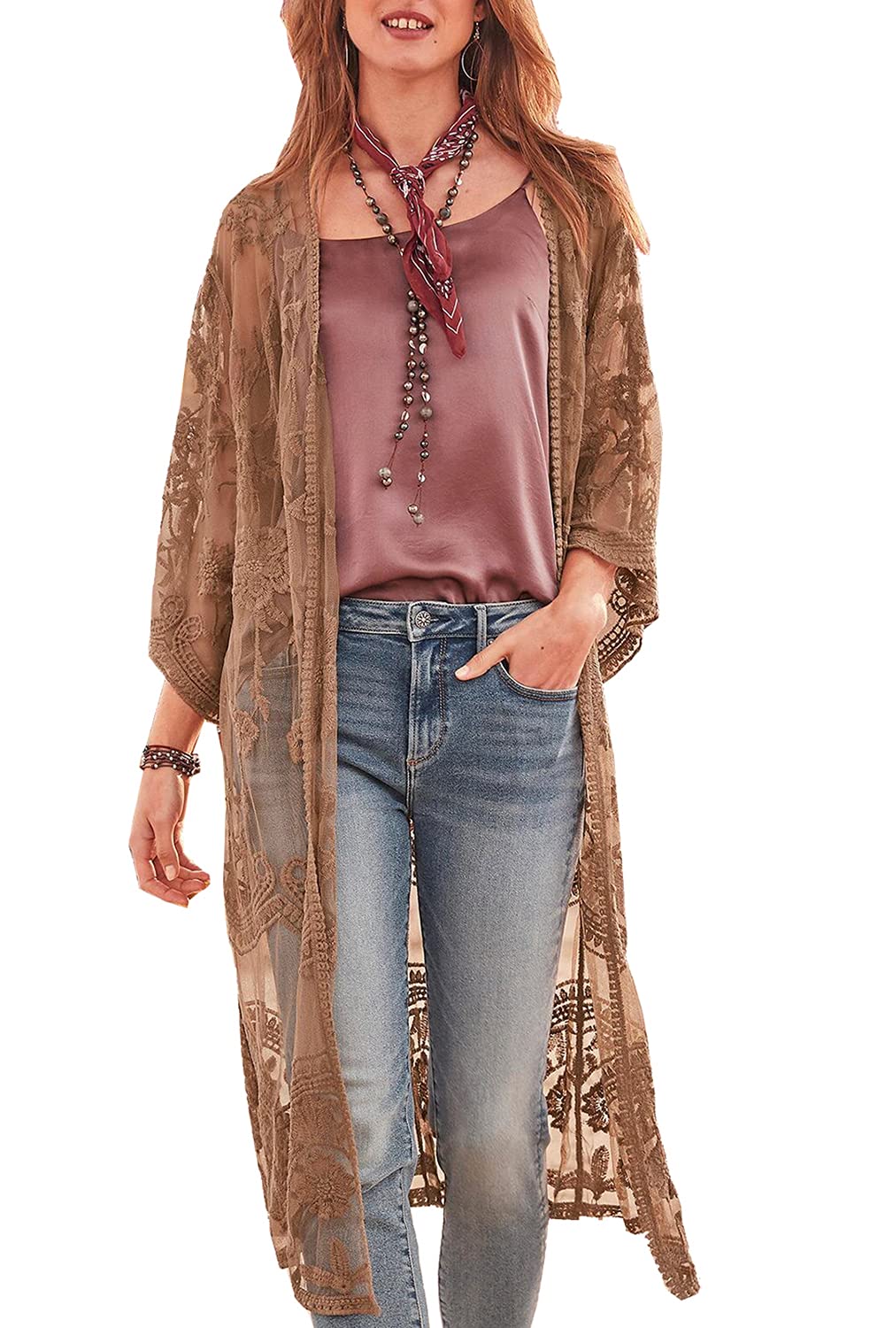 YouKD Damen Strickjacke Mit Spitze Durchsichtiges Kleid Boho Long Kimono Strandbadeanzug Kleider Ver