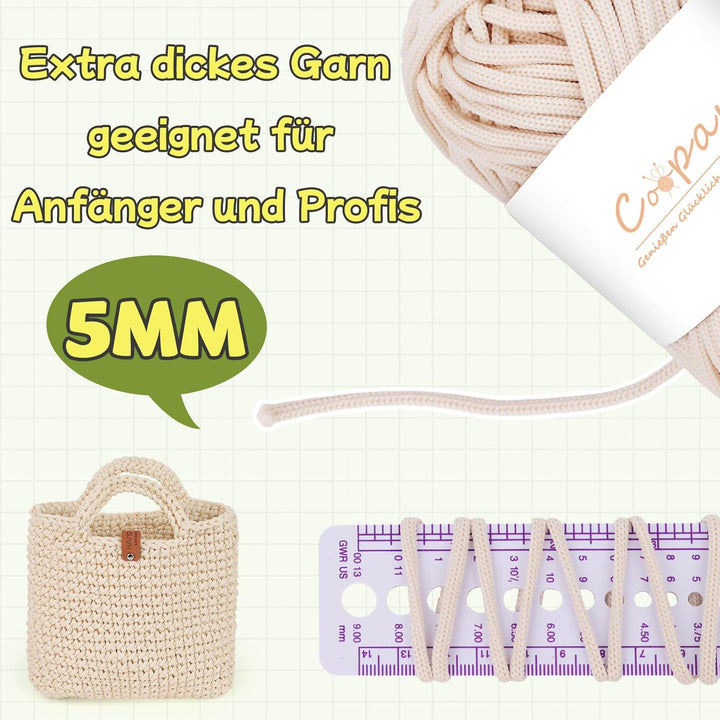 Coopay Häkelset für Anfänger, Häkelset Tasche mit Häkelnadel 4,5mm, Anleitung, 5mm Dicke Wolle zum H