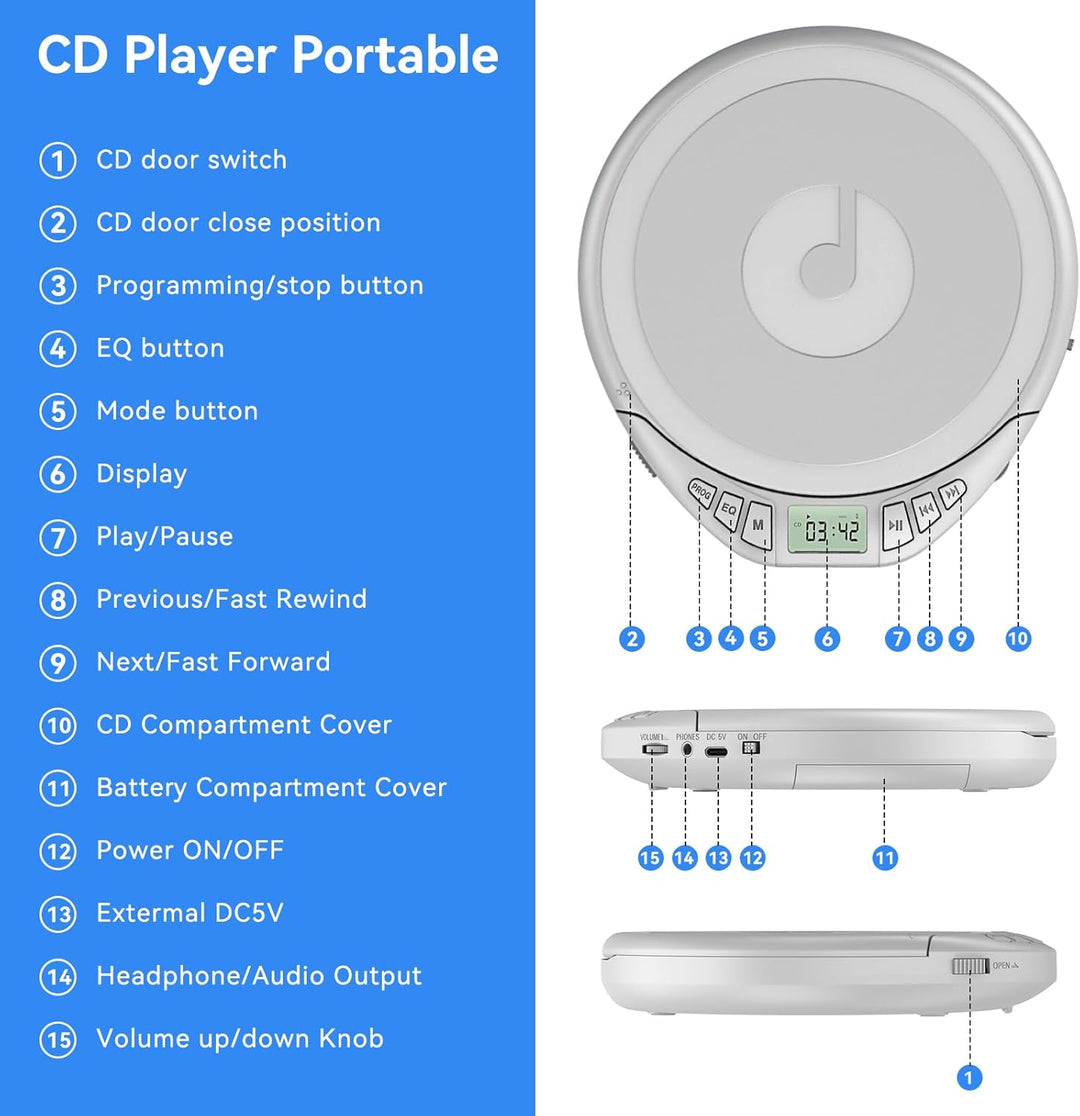Gueray CD Spieler Tragbarer CD-Player Persönliche CD Players mit Kopfhörer LCD Display Anti-Skip Sch