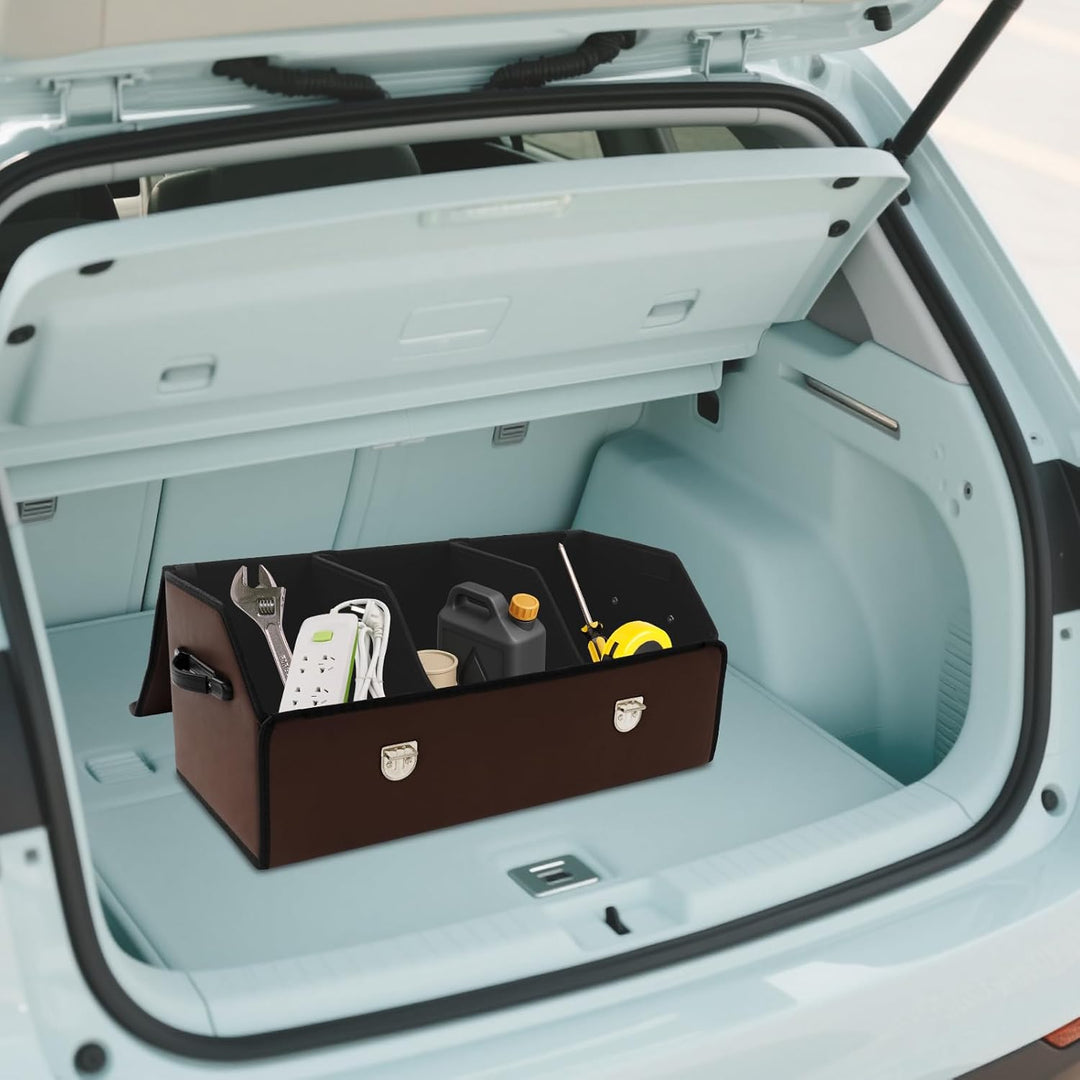 56L Auto Kofferraum Organizer, Leder Kofferraumtasche mit Deckel und Griff, Multifunktionale Aufbewa