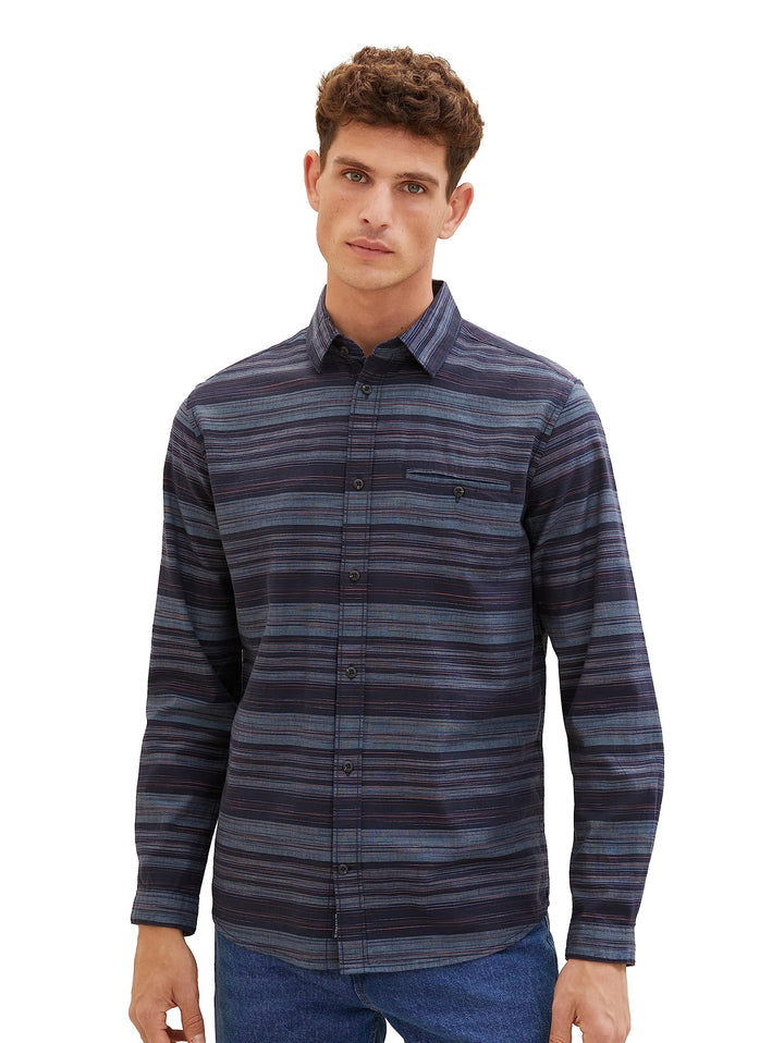 TOM TAILOR Herren Regular Fit Chambray Hemd aus Baumwolle, 32282 - Navy Irregular Cross Stripe
