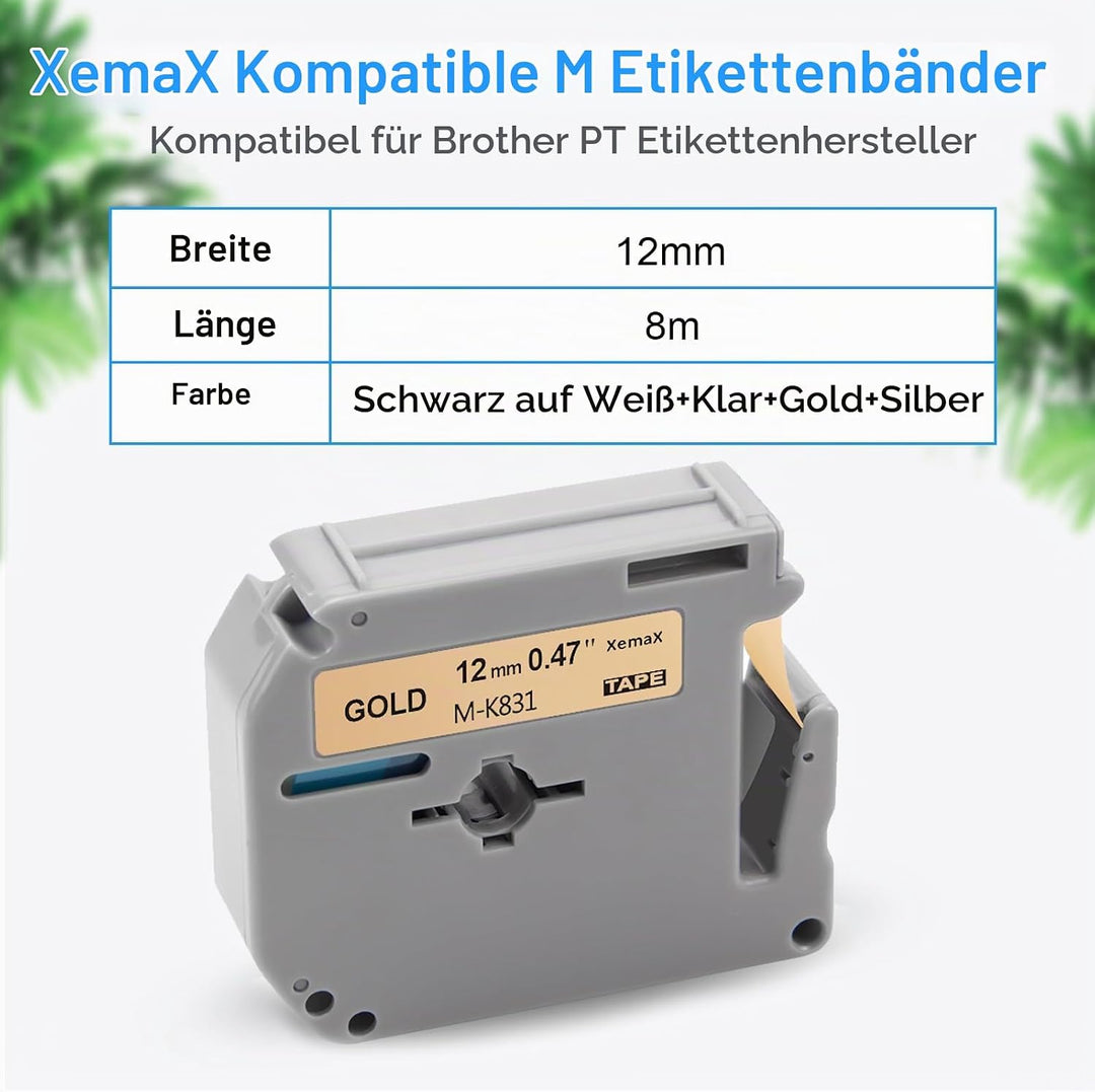 6x XemaX Etikettenband Ersatz für Brother M-K Bänder M-K131 M-K231 M-K831 M-K931 12mm x 8m Silber Go