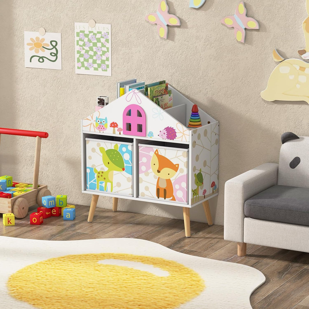 DREAMADE Kinderregal mit 4 Fächer und 2 Aufbewahrungsboxen, Spielzeugregal Spielzeugkiste Spielzeug-