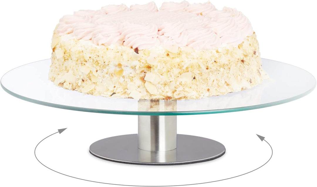 Relaxdays Tortenplatte mit Fuss, 2er Set, drehbar, ∅ 30 cm, zum Servieren, runde Kuchenplatte Glas,