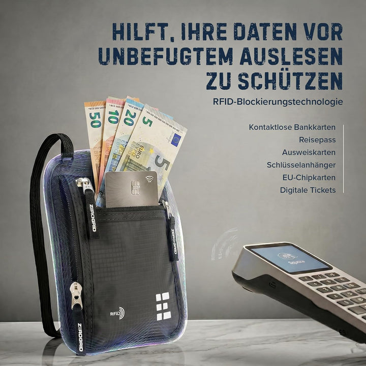 Zero Grid Brustbeutel mit RFID-Schutz – Reise Halsbeutel für Reisepass, Handy, Karten &amp; Bargeld – Fl