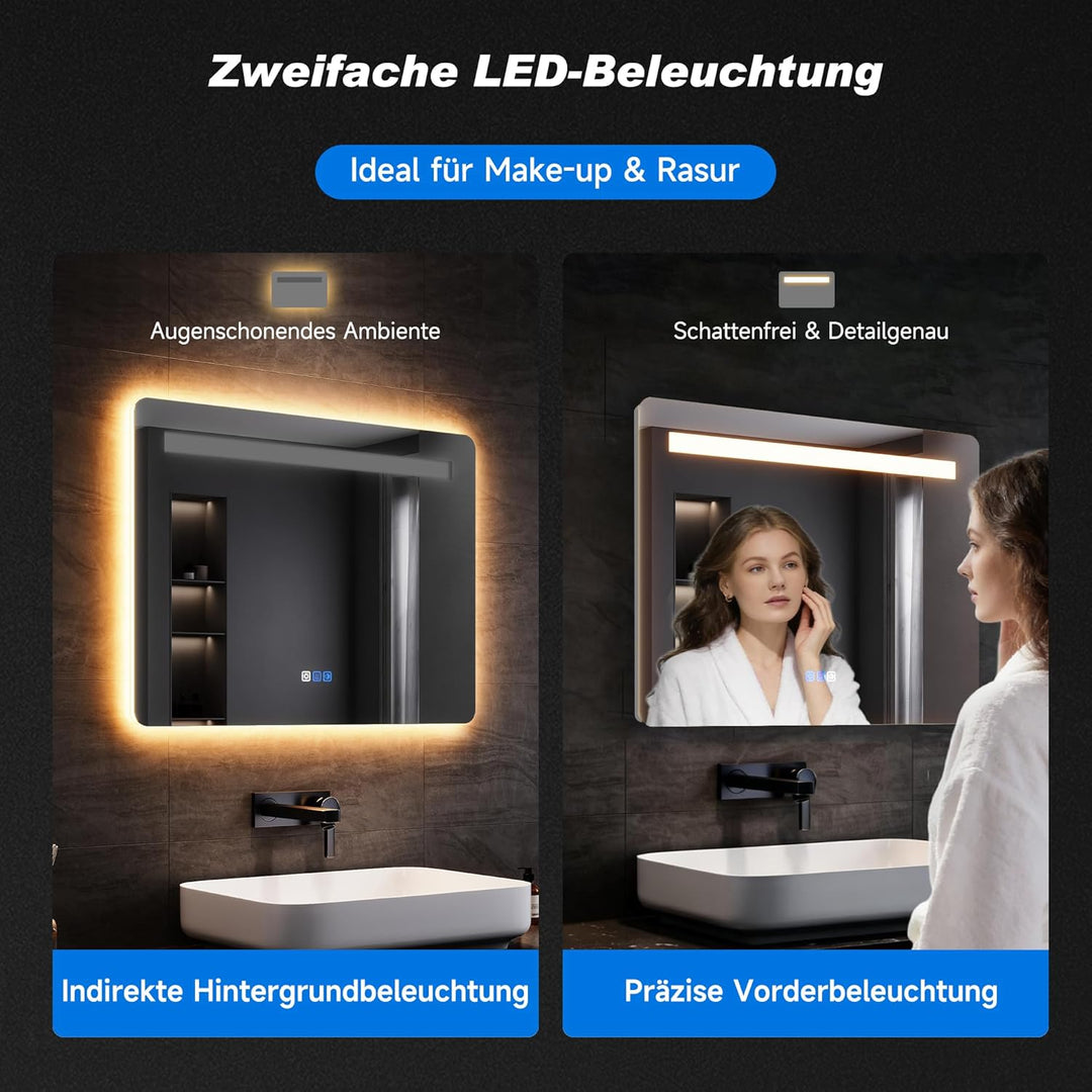 SONNI Badspiegel mit Beleuchtung 80x60 cm, LED Spiegel mit Touch Schalter & Gedächtnisfunktion, 3 ei