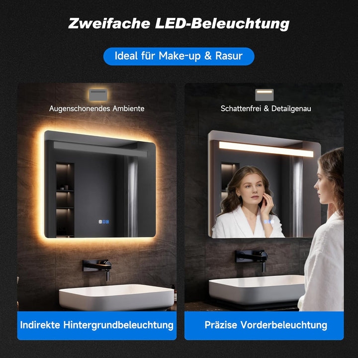 SONNI Badspiegel mit Beleuchtung 80x60 cm, LED Spiegel mit Touch Schalter & Gedächtnisfunktion, 3 ei