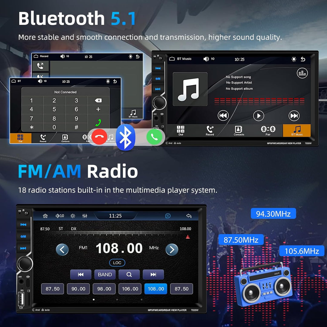 2 Din Carplay Car Stereo Bluetooth 5.1, 7 Zoll HD Touchscreen Autoradio Android Auto, Unterstützung