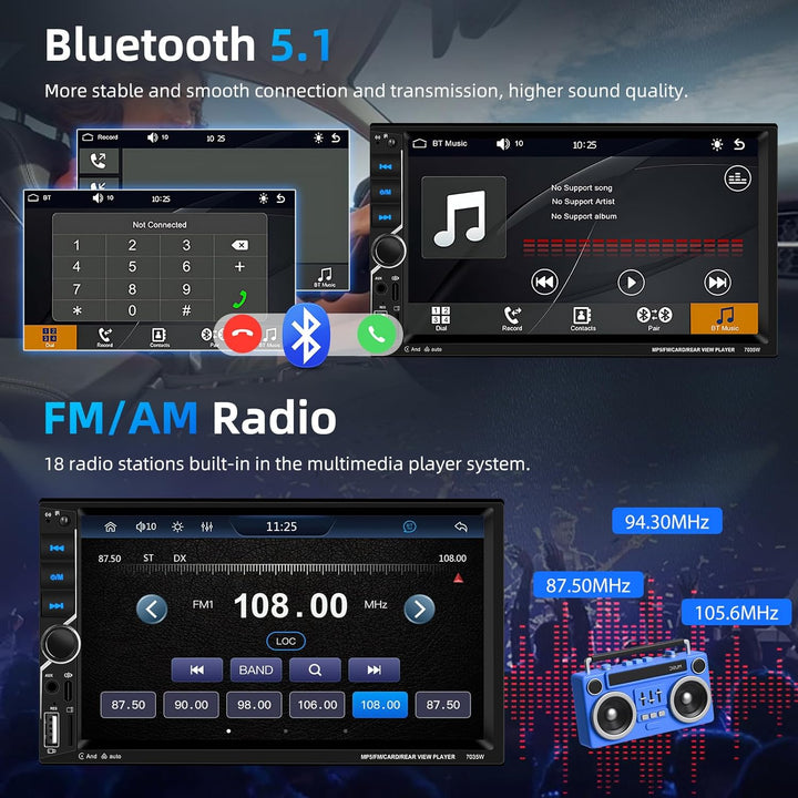 2 Din Carplay Car Stereo Bluetooth 5.1, 7 Zoll HD Touchscreen Autoradio Android Auto, Unterstützung