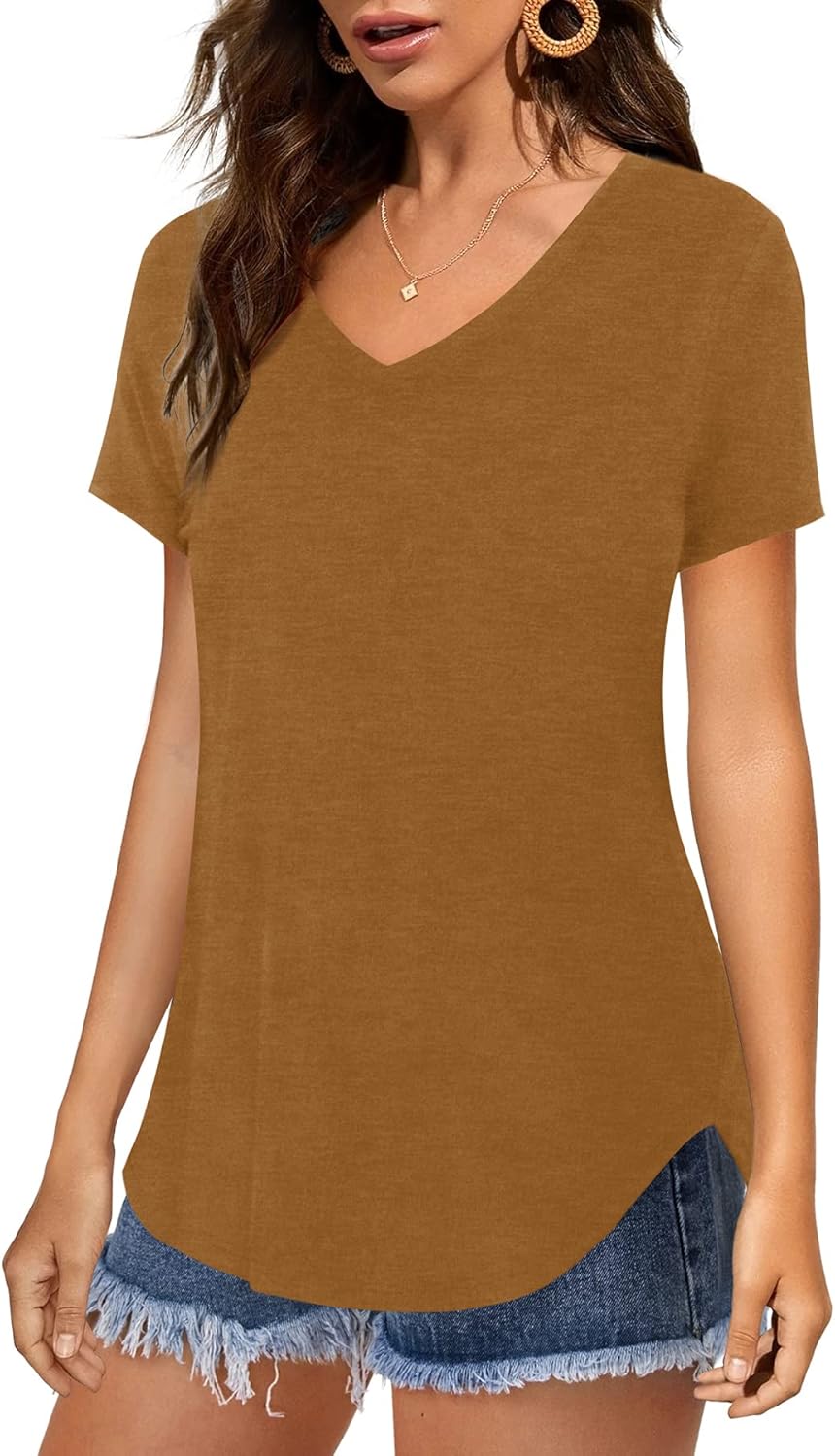 Florboom Tunika Damen Langarm/Kurzarm V Ausschnitt Oberteil Shirts Basic Casual Longshirt S Ab-braun