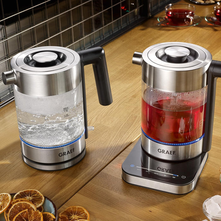 GRAEF Glaswasserkocher WK300 - Wasserkocher 1 Liter, Hochwertiges Design, SCHOTT DURAN Glas, Edelsta