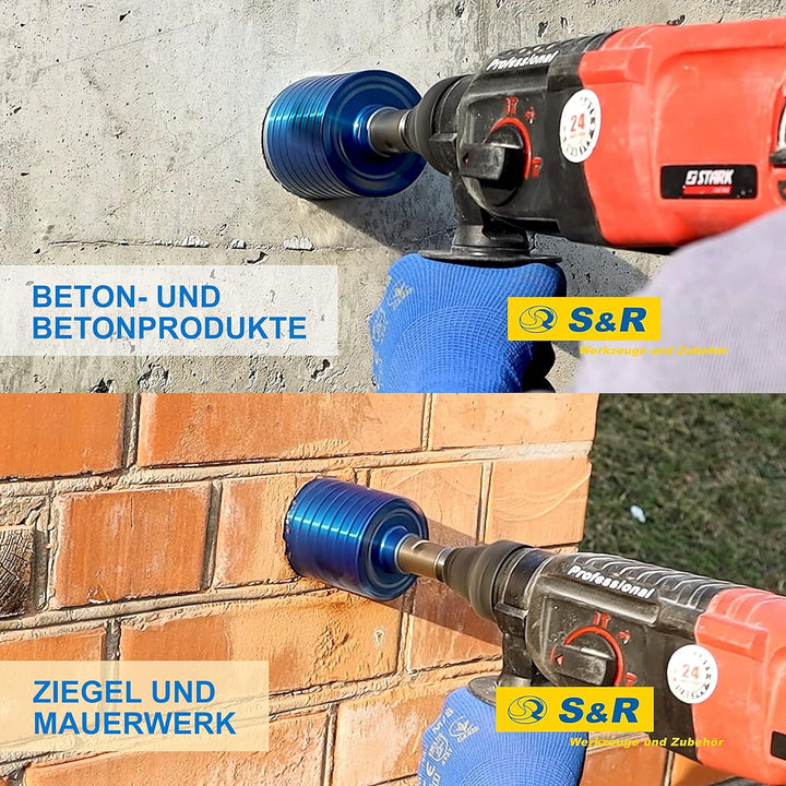 S&R Diamantbohrkrone - SET 82mm, Dosensenker, Kernbohrkrone, Segmenthöhe 10mm, mit Zentrierbohrer 8x