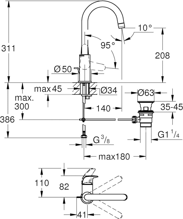 GROHE Swift - Einhand- Waschtischarmatur (wassersparend, L- Size, inkl. Montagewerkzeug, Zugstangen-