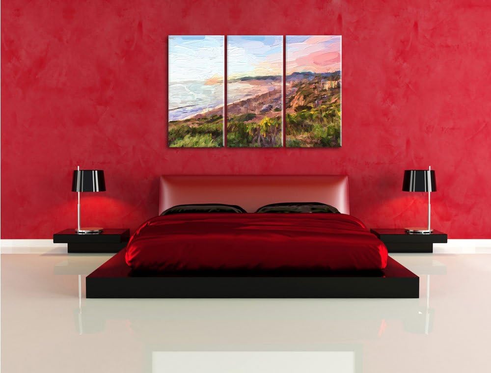 Pixxprint Küste und Strand mit Häusern als Leinwandbild/Grösse: 3 Teilig (120x80) cm/Wandbild/Kunstd