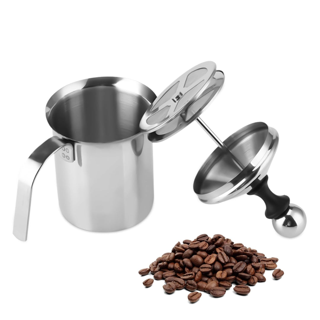 800ml de Acero Inoxidable Leche Manual Frother, Espumador Leche con Doble Colador, Jarra espumadora