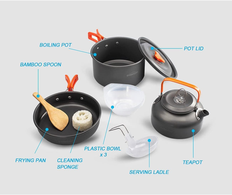 OVERMONT Camping Kochgeschirr Set Outdoor Geschirr Set Kochtopf Set Grillgeschirr Picknick Topf mit