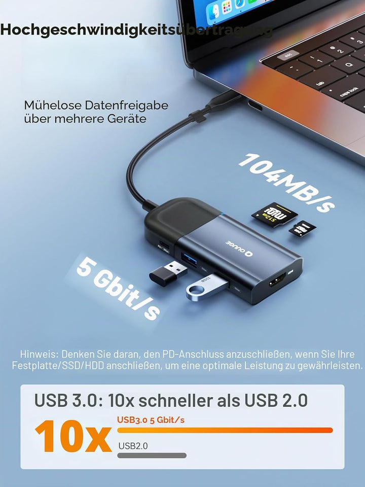 QUUGE USB C Hub, 6 in 1 4K HDMI Dock, 100W PD, SD/TF Kartenleser, Laptop