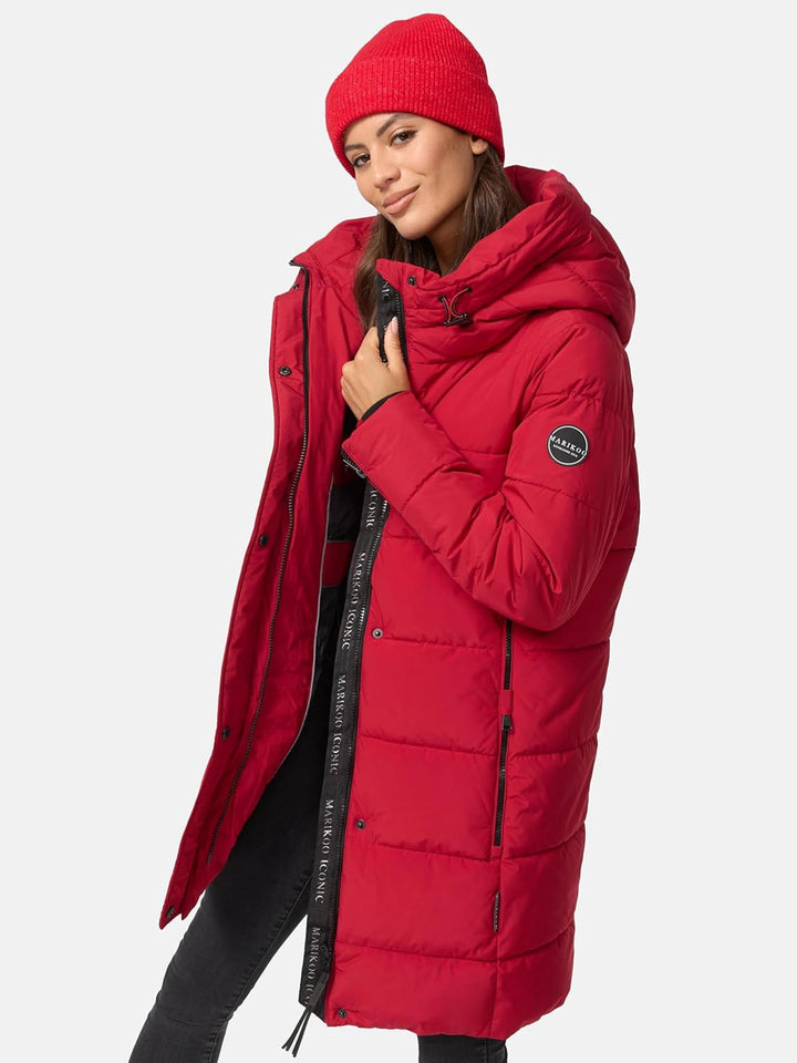 MARIKOO Damen Wintermantel Warmer Steppmantel lang mit Kapuze Karumikoo XVI XS-3XL XS Dark Red, XS D