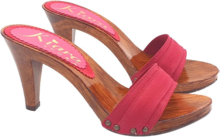 Holzeffeckt Clogs mit doppeltem rotem Band hoher Absatz 9 cm - K6101 AMARANTA (40 EU, ROT) 40 EU Rot