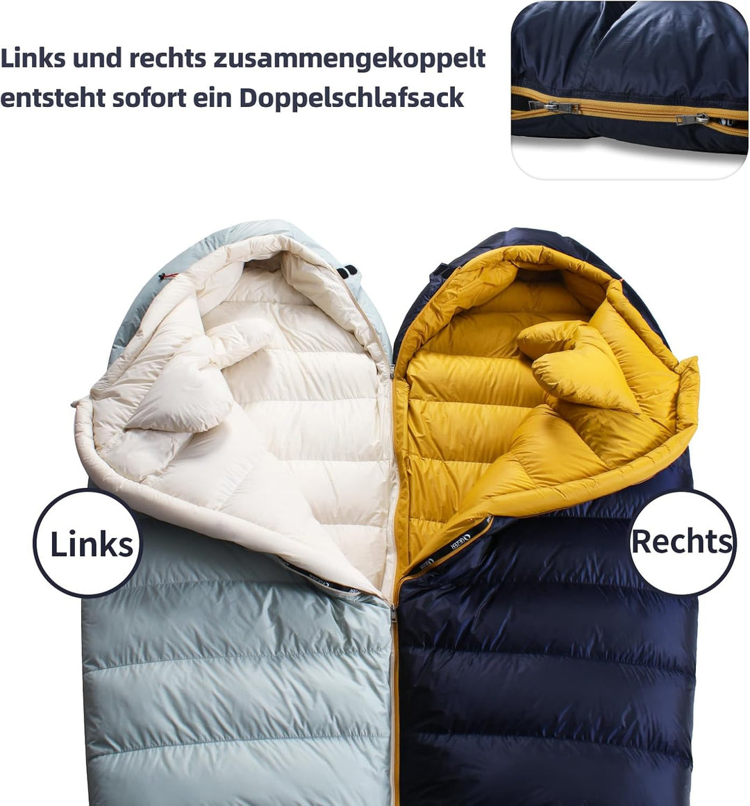 Daunenschlafsack, Winterschlafsack mit antistatischem Graphenfutter, 620FP Bauschkraft, 1450 Gramm,