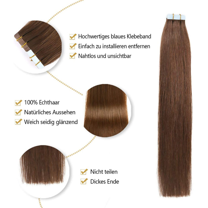 YILITE Tape Extensions Echthaar, Mittel braun 40cm 20 Stück/Packung 40g Tape in Extensions Echthaar