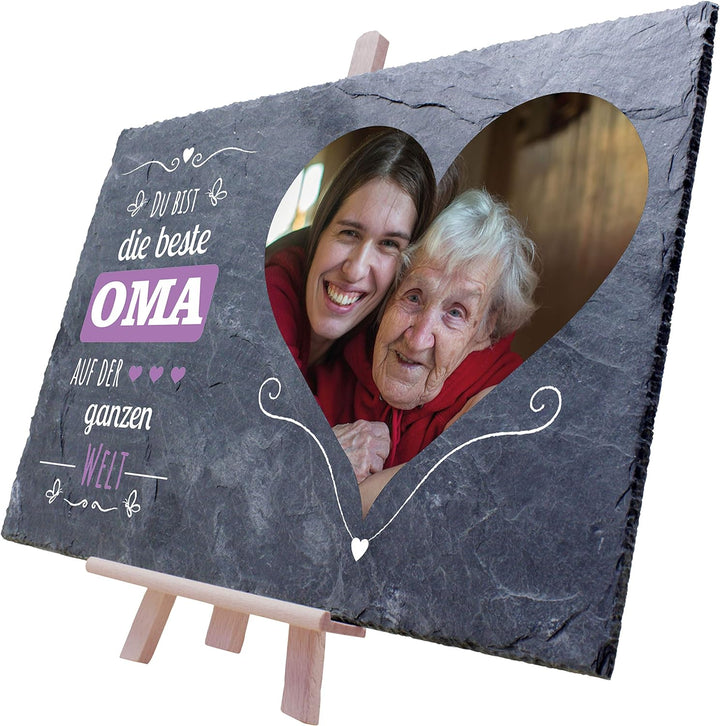 wandmotiv24 Schiefertafel Beste Oma, Mit Ihrem Farb-Foto im Herzformat Bedrucken Lassen inkl. Spruch