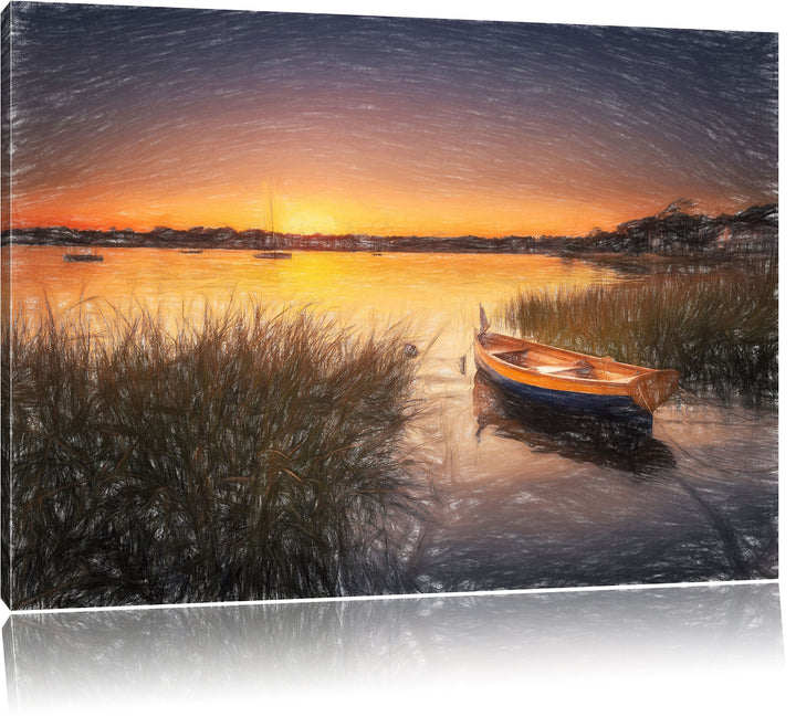 Pixxprint Segelschiffe an der Küste im Sonnenuntergang Kunst Buntstift Effekt, Format: 100x70 auf Le