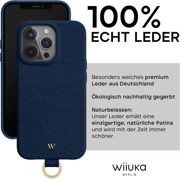 WIIUKA Hülle für iPhone 15 Pro, Leder aus Deutschland, Lederhülle Handykette, Premium Handyhülle, Ca