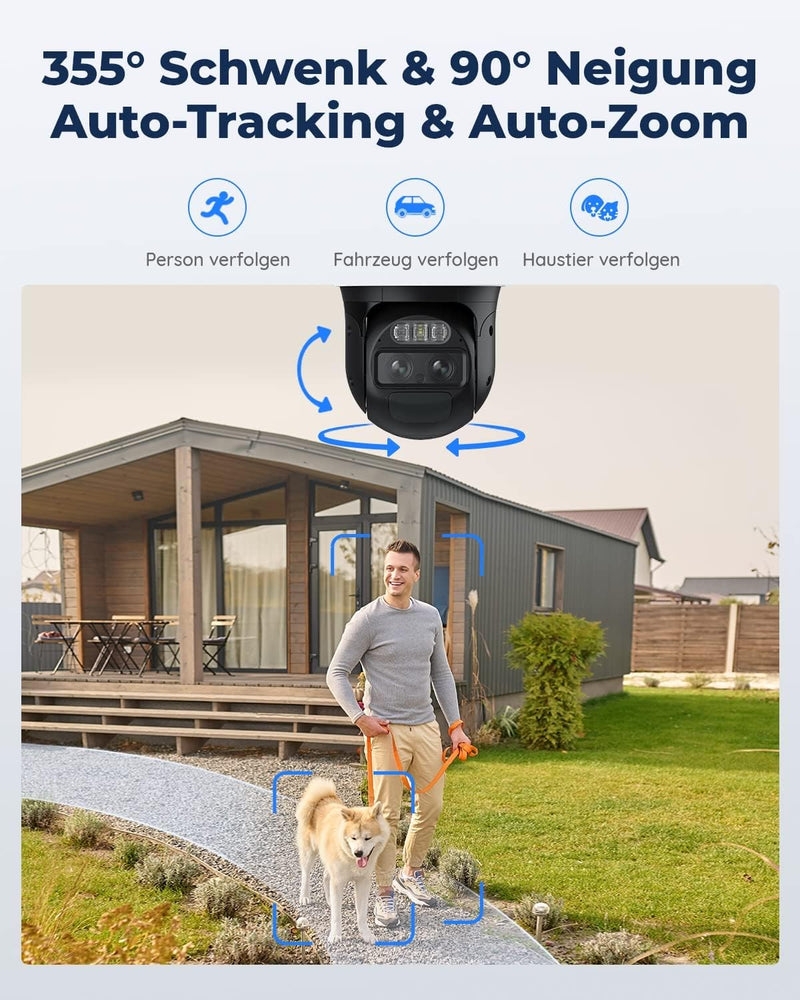 Reolink PTZ Überwachungskamera Aussen Akku mit Auto-Tracking & Auto-Zoom, Dual Lens, 4MP Solar WLAN