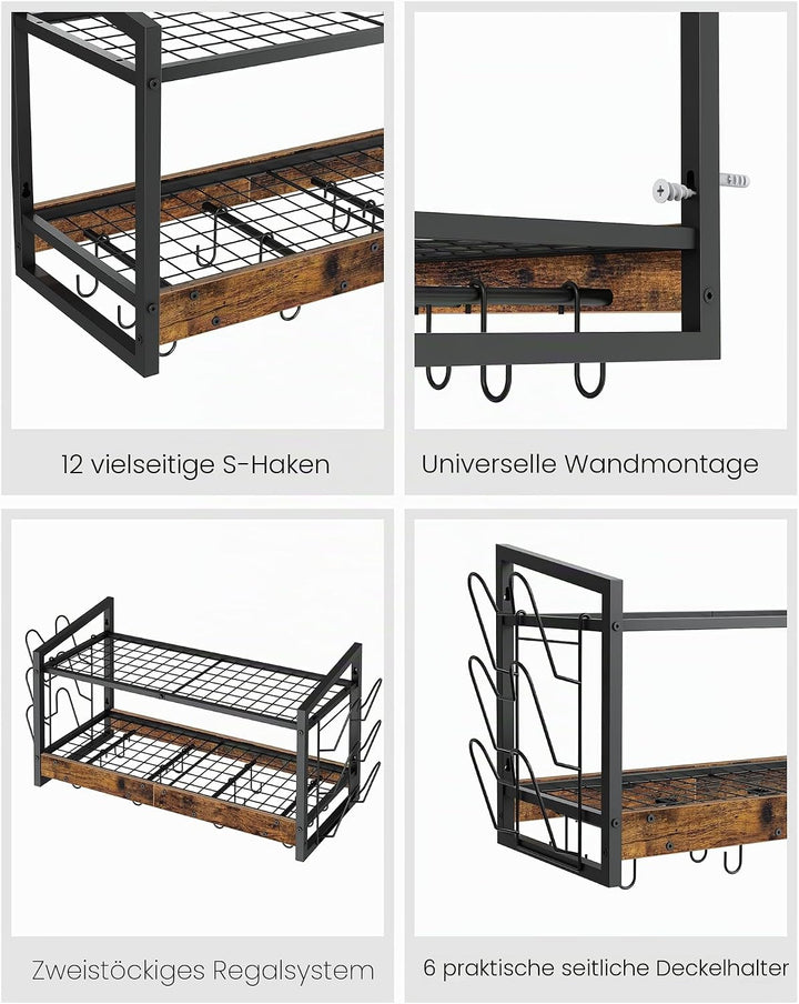Wandmontiertes Küchenregal, 2-stöckiger Topfdeckelhalter, Topf-Rack, Pfannenhalter, Geschirr- und Kü