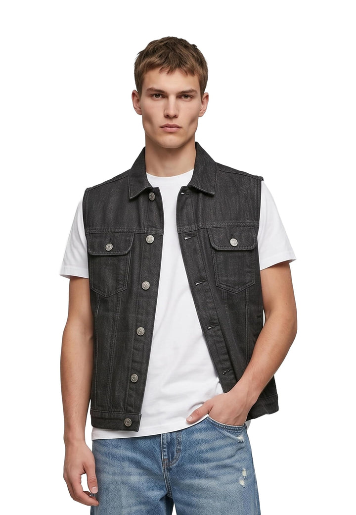 Urban Classics Herren Denim Vest – Jeansweste aus Baumwolle mit Knopfleiste, Brusttaschen und Kragen